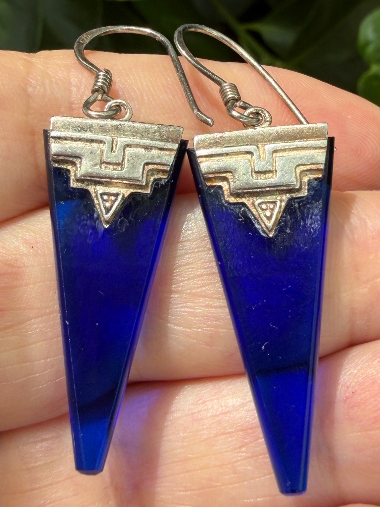 Vintage Art Deco Geometric Cobalt Blue Glass Drop Dangle Earrings 925 Sterling